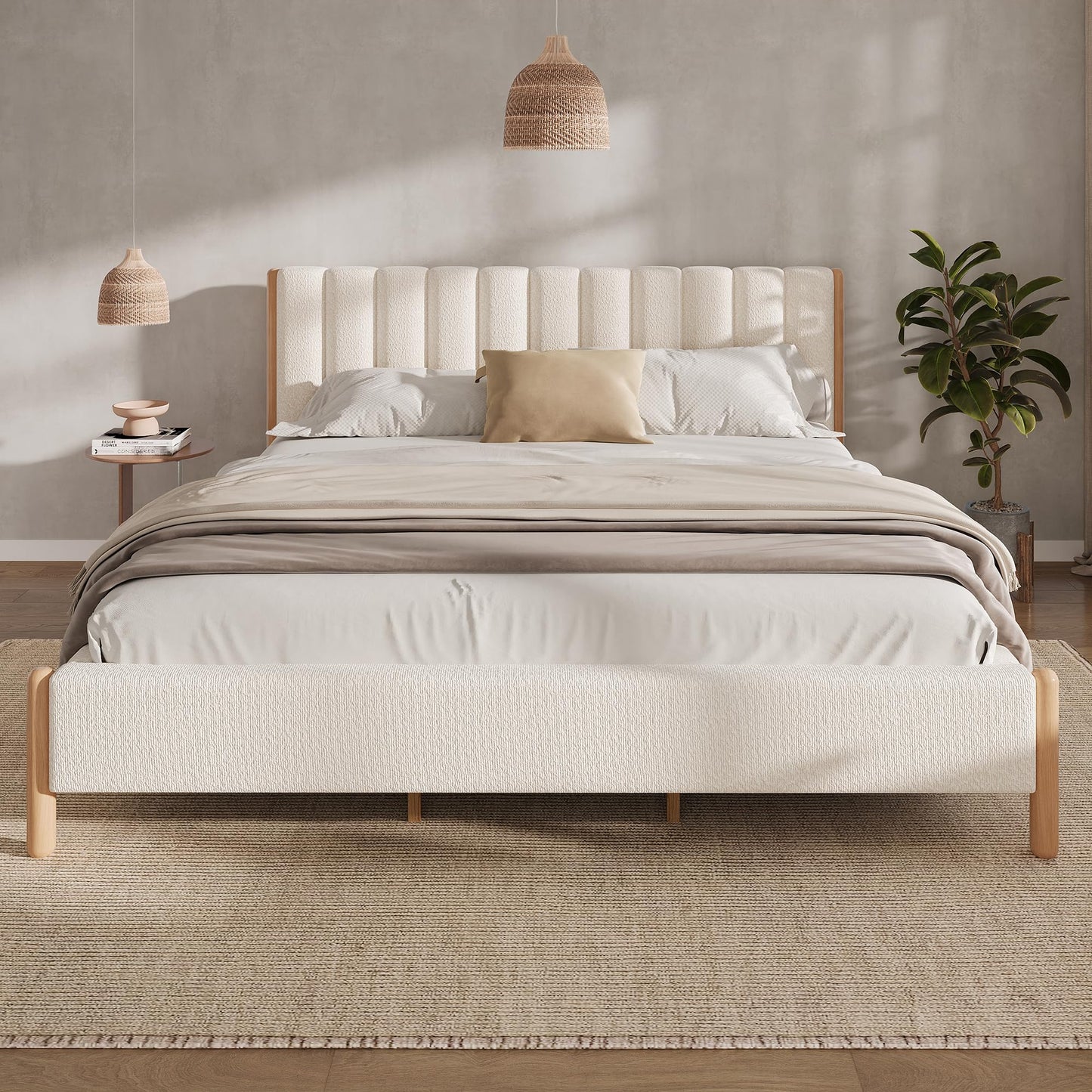 Merax King Size Bed Frame with Boucle Upholstered Thick Headboard, Solid Wooden Legs, No Box Spring Needed, for Bedroom Apartment, White