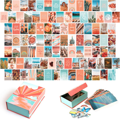 Peach Aesthetic Wall Collage Kit, Room Decor for Teen Girls, Peachy Teal Wall Art Print, Dorm Photo Collection, Boho Posters for Room Aesthetic… (Peach 100 Set)