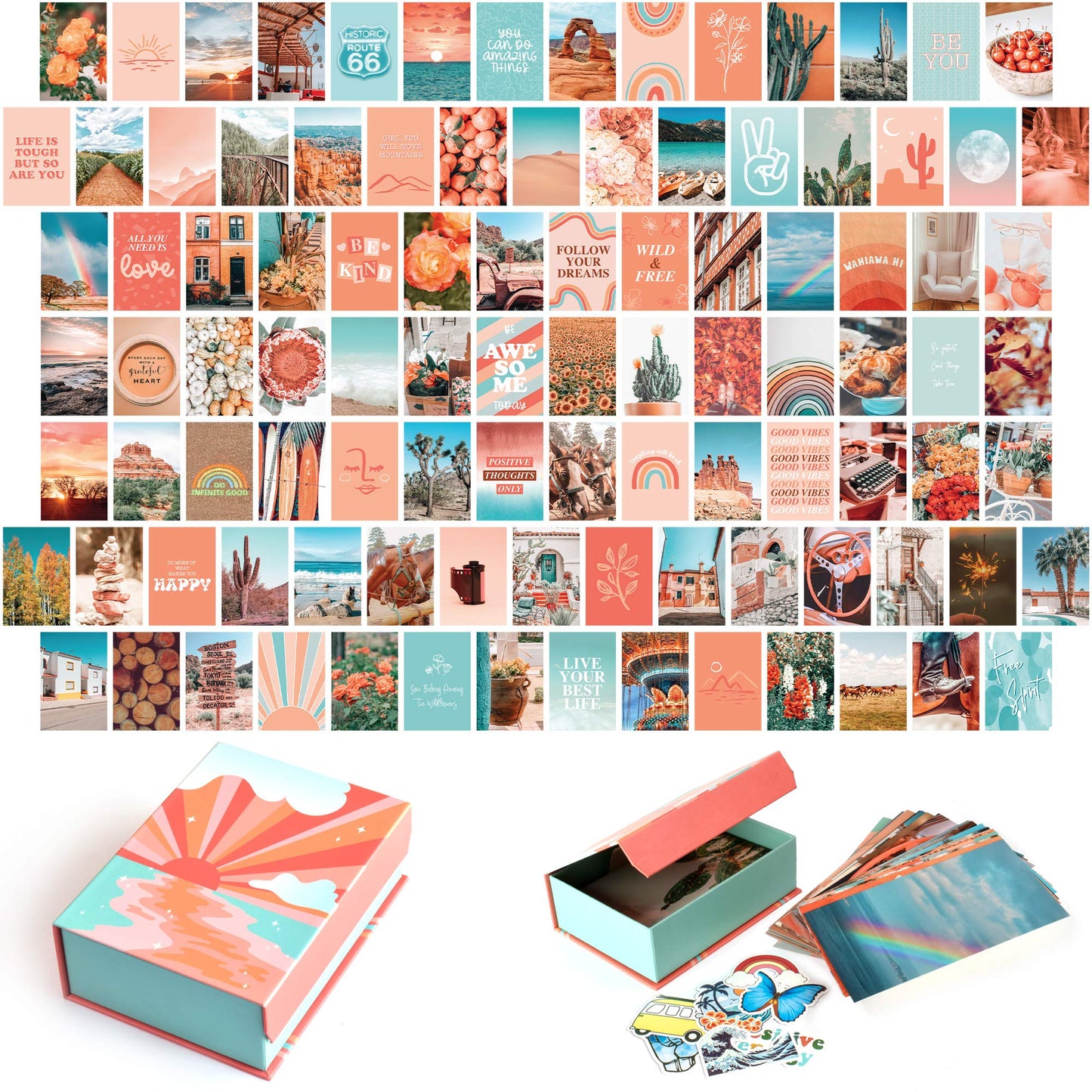 Peach Aesthetic Wall Collage Kit, Room Decor for Teen Girls, Peachy Teal Wall Art Print, Dorm Photo Collection, Boho Posters for Room Aesthetic… (Peach 100 Set)