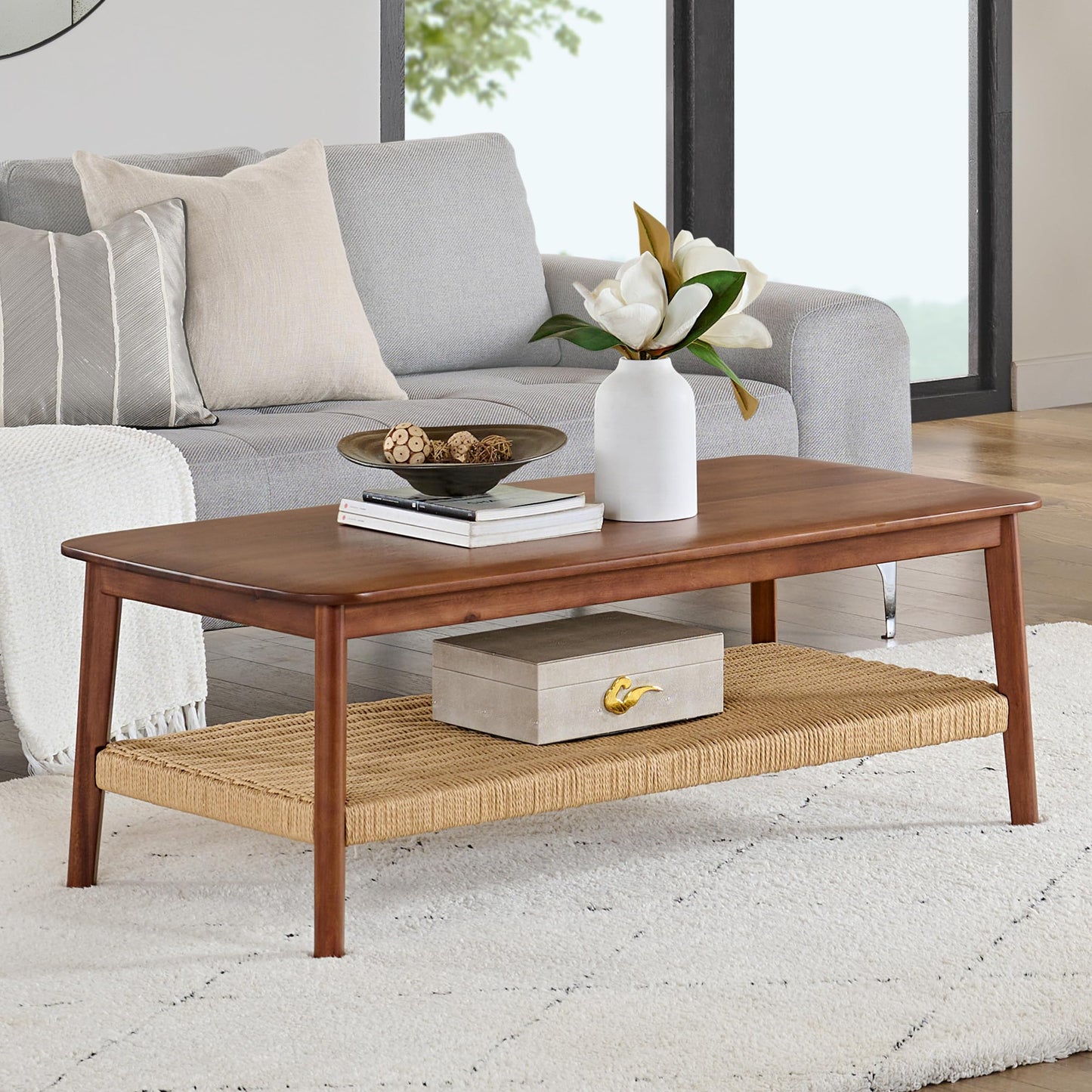 Alaterre Furniture Calais 48 Inch Rectangular Solid Wood Coffee Table with Woven Storage Shelf – Mid Century Modern 2-Tier Living Room Table (Chestnut)