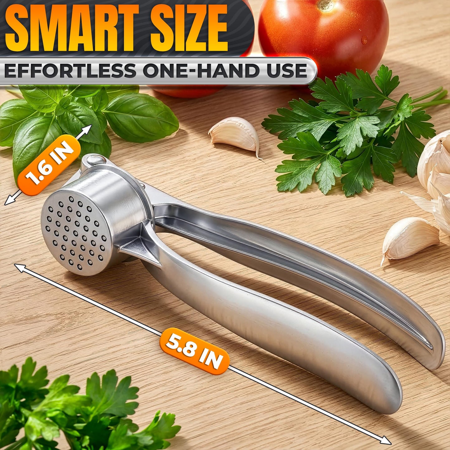 Stainless Steel Garlic Press - Ginger Mincer with 37 Built-In Studs for Maximum Extraction, for Garlic, Ginger and Soft Nuts - Ergonomic Handle, Dishwasher Safe and Rust-Resistant, No Peel Needed