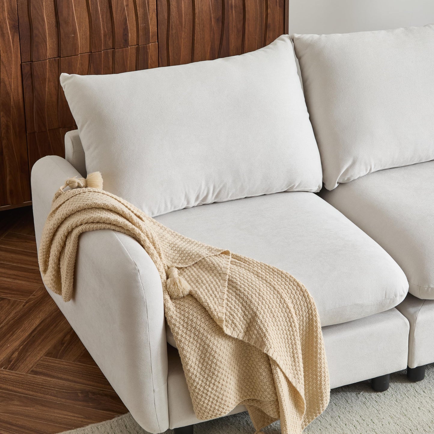 Christopher Knight Home Keria 4-Seater Sofa, Wooden Frame Modular Sectional Sofa, Upholstered Couch Set for Living Room, Soft Seating Lounge Sofa, Comfy Reading Chair Set, White Sand
