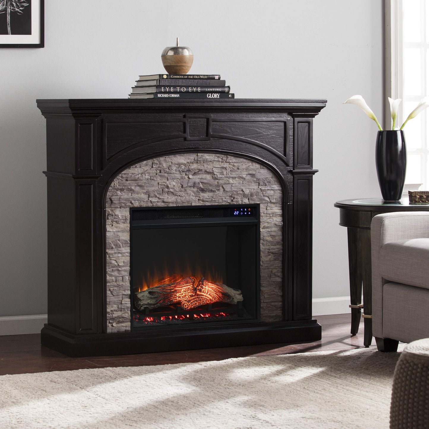 SEI Furniture Tanaya Faux Stacked Stone Electric Fireplace, New Ebony/Gray