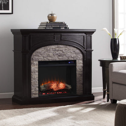 SEI Furniture Tanaya Faux Stacked Stone Electric Fireplace, New Ebony/Gray