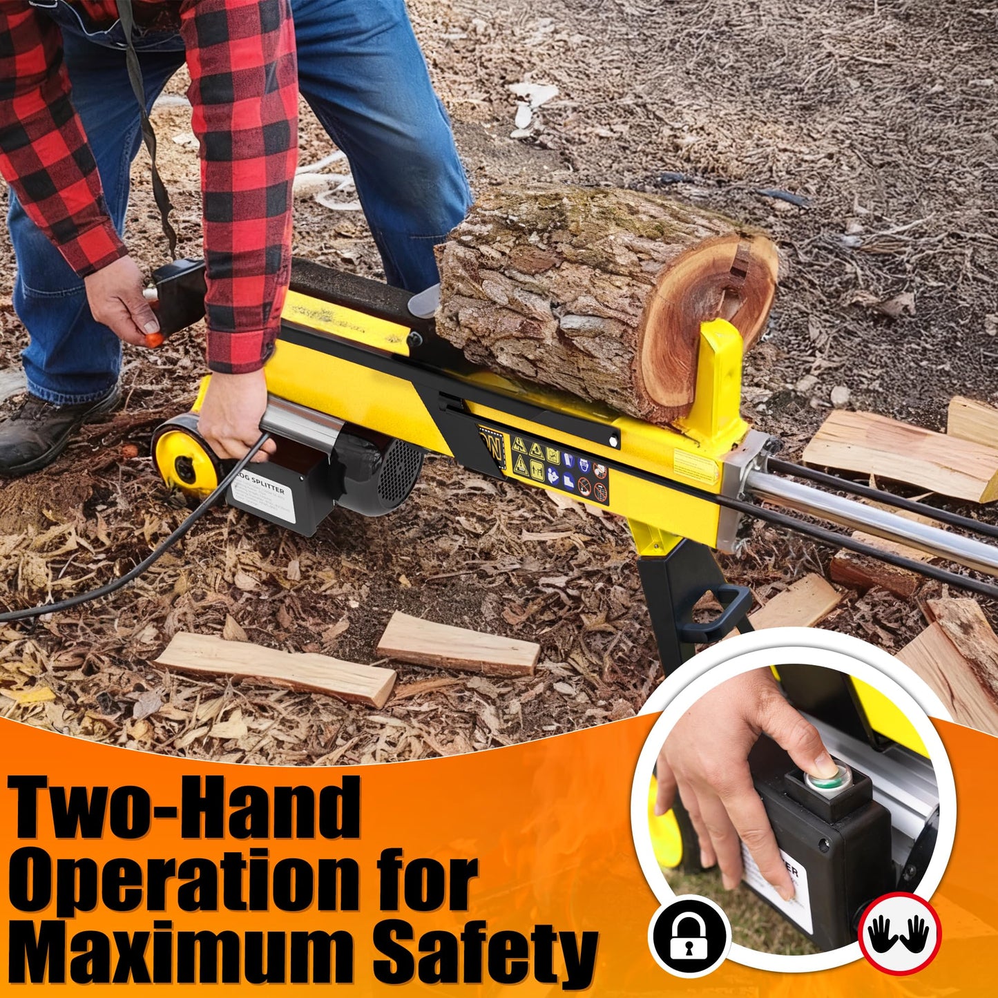 PPOLB 7 Ton Electric Wood Splitter, 15Amp Hydraulic Log Splitter, Portable Electric Log Splitter for Firewood, Compact Horizontal Wood Splitter for Backyard, Garage, Cabin - Yellow