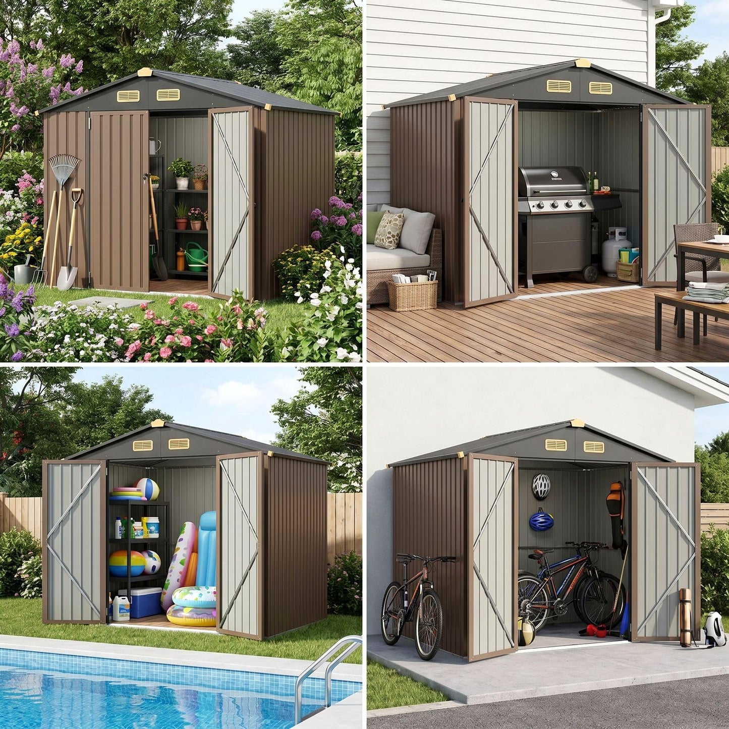 IRONCK 6×8 FT Shed, Galvanized Steel Tool Storage Shed with Lockable Double Doors & Ventilation, Outdoor Utility Storage for Wheelbarrow, Bikes, Yard Bins, Black Brown