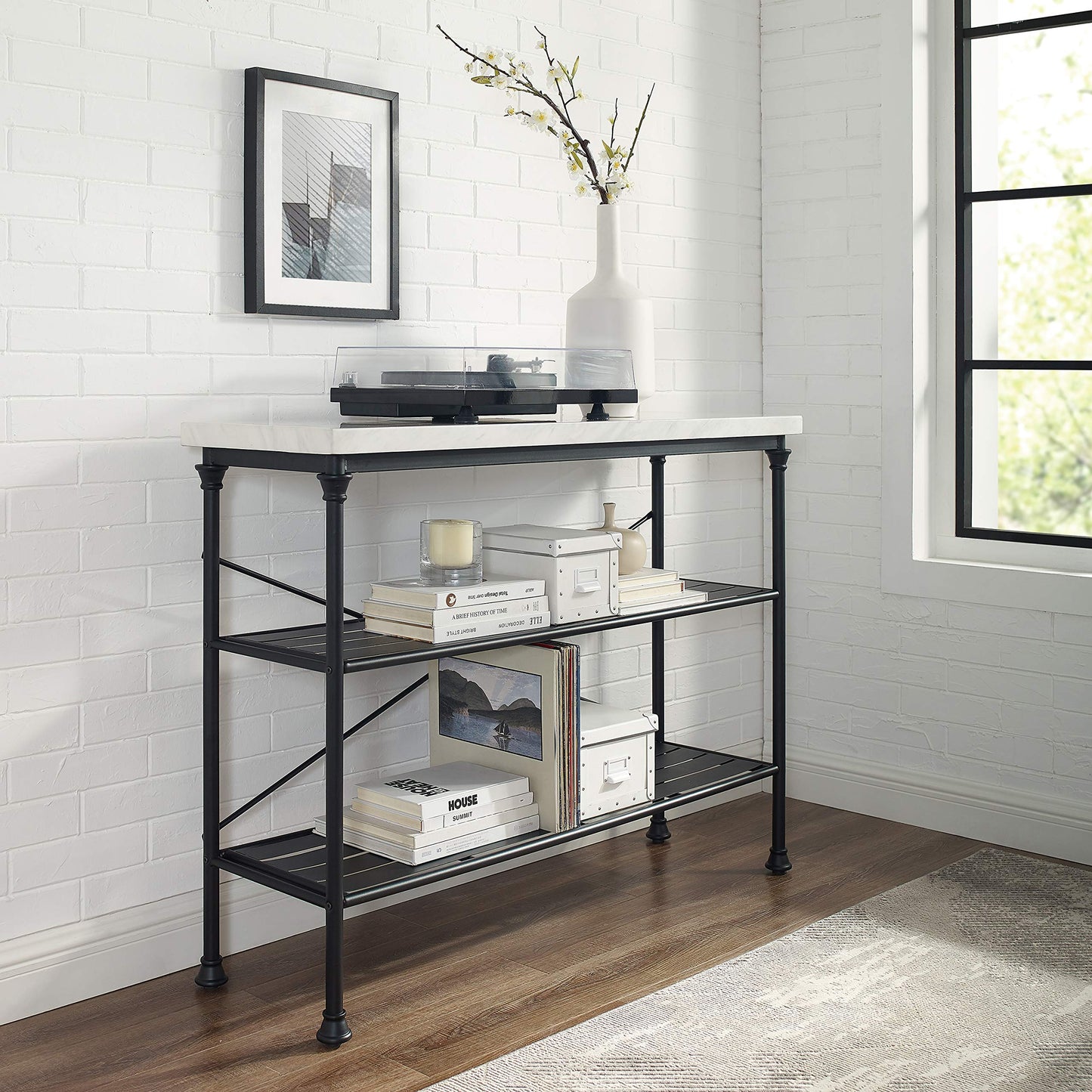 Crosley Furniture Madeleine Sofa Console Table with Storage Shelves for Hall, Entryway, or Living Room, Steel with Faux Marble Top