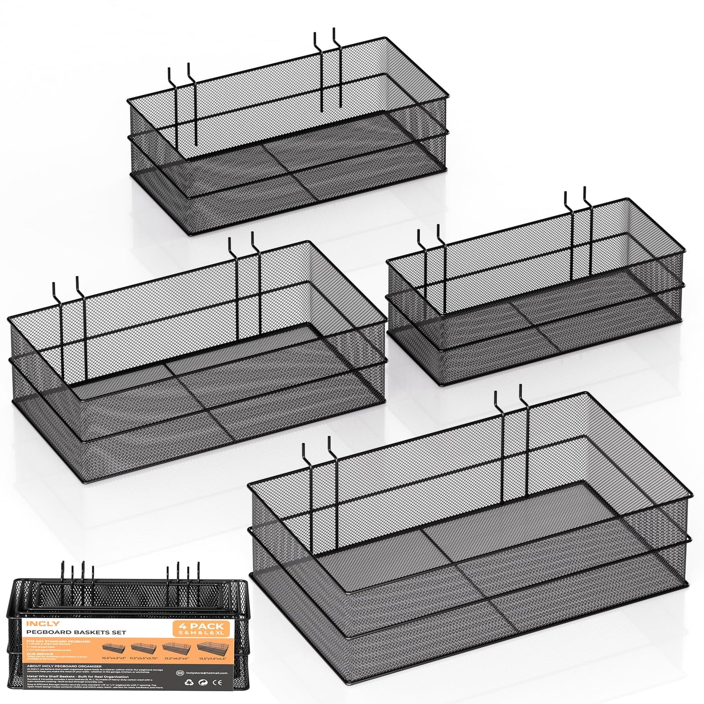 INCLY 4 Pack Upgrade Pegboard Baskets, 4 Sizes Square Style Metal Mesh Pegboard Baskets and Bins, Peg Board Organizer Accessories for Garage Craft Room Office Kitchen