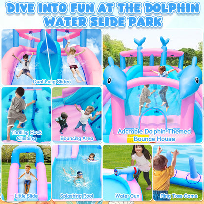 BounBounTime Inflatable Water Slide, Dolphin Bounce House for Kids 3-12, Water Park with Blower, Splash Pool, Climbing Wall, Water Cannon, Bouncy Castle for Backyard Summer Fun, 195 x 162 x 104 inches