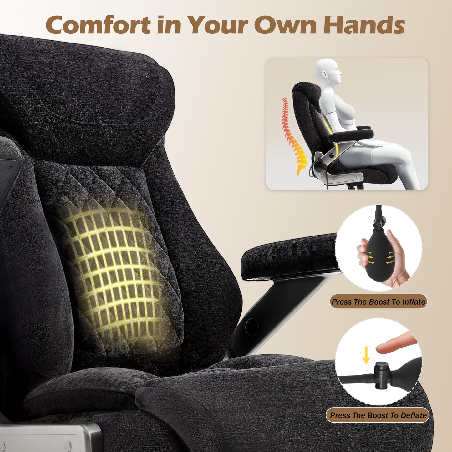 Fabric 700lbs Big and Tall Office Chair, Ergonomic Heavy Duty Executive Cloth Office Chair with 5D Flip Arms & Adjustable Lumbar Support & Dual Rubber Wheel, Large Thick Padded Extra Wide Seat, Black