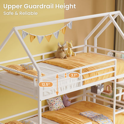 LIKIMIO Bunk Bed Twin Over Twin, Twin Bunk Beds Frame with 3-Tier Storage Bookshelf, Metal Twin House Bed Ladder and Safety Guardrail, Space Saving for Apartment or Dorm, No Box Spring Needed, White