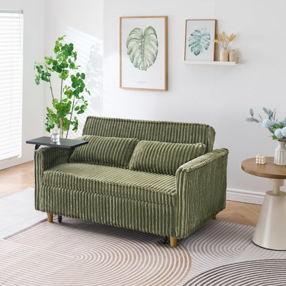 KEIKI 54" 3-in-1 Convertible Sofa Bed – Corduroy Futon Sleeper with Pull-Out Bed, Movable Tabletop, USB Ports – Small Loveseat for Living Room, Bedroom – Green