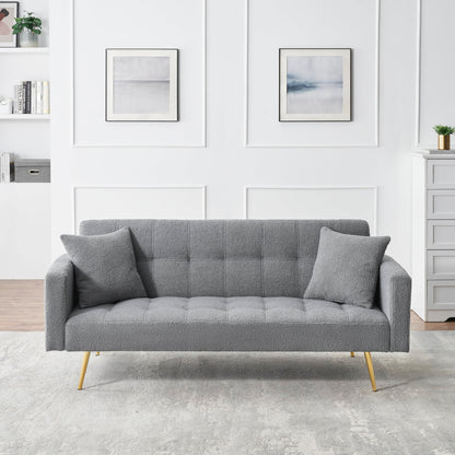 KEIKI 72" Folding Futon Sofa Couch w/Adjustable Backrest, Mid Century Modern Loveseat Convertible to Sleeper Bed, Small Comfy Teddy Cloud Couch SofaBed for Living Room & Bedroom, 2 Pillows, Gray