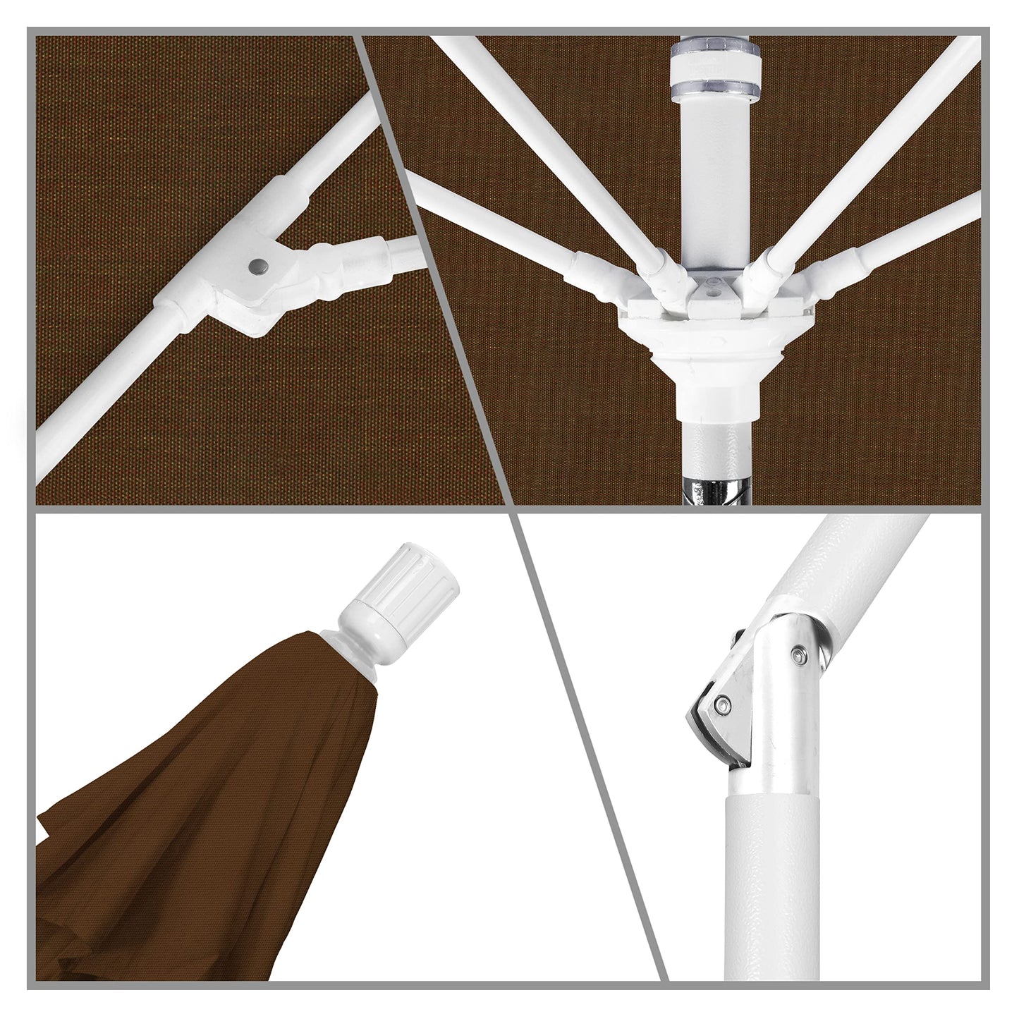 California Umbrella 9' Round Aluminum Pole Fiberglass Rib Market Umbrella, Crank Lift, Collar Tilt, White Pole, Teak Olefin