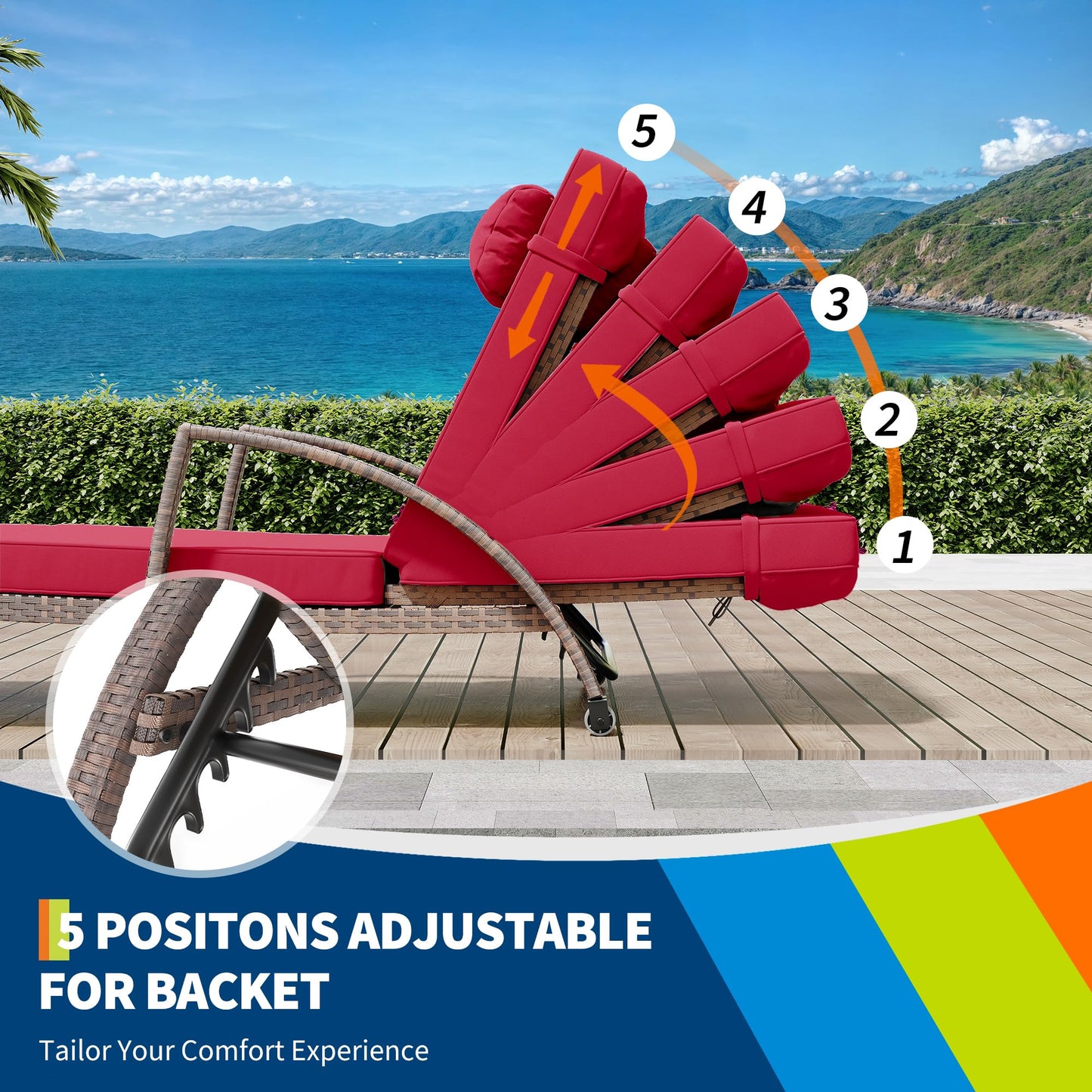 GarveeLife 2-Piece Rattan Patio Folding Chaise Lounge, 5-Position Adjustable Backrest Outdoor Lounge Chair with Cushion and Pillow for Poolside, Backyard, Deck, Porch, Red
