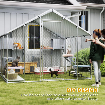 PawHut Catio Outdoor Cat Enclosure, 95" Extra Large Walk-in Cat House with Waterproof Cover, 2 Resting Boxes, 7 Jumping Platforms, Chicken Run Coop, Rabbit Hutch, Feral Cat Shelter Pointed Roof