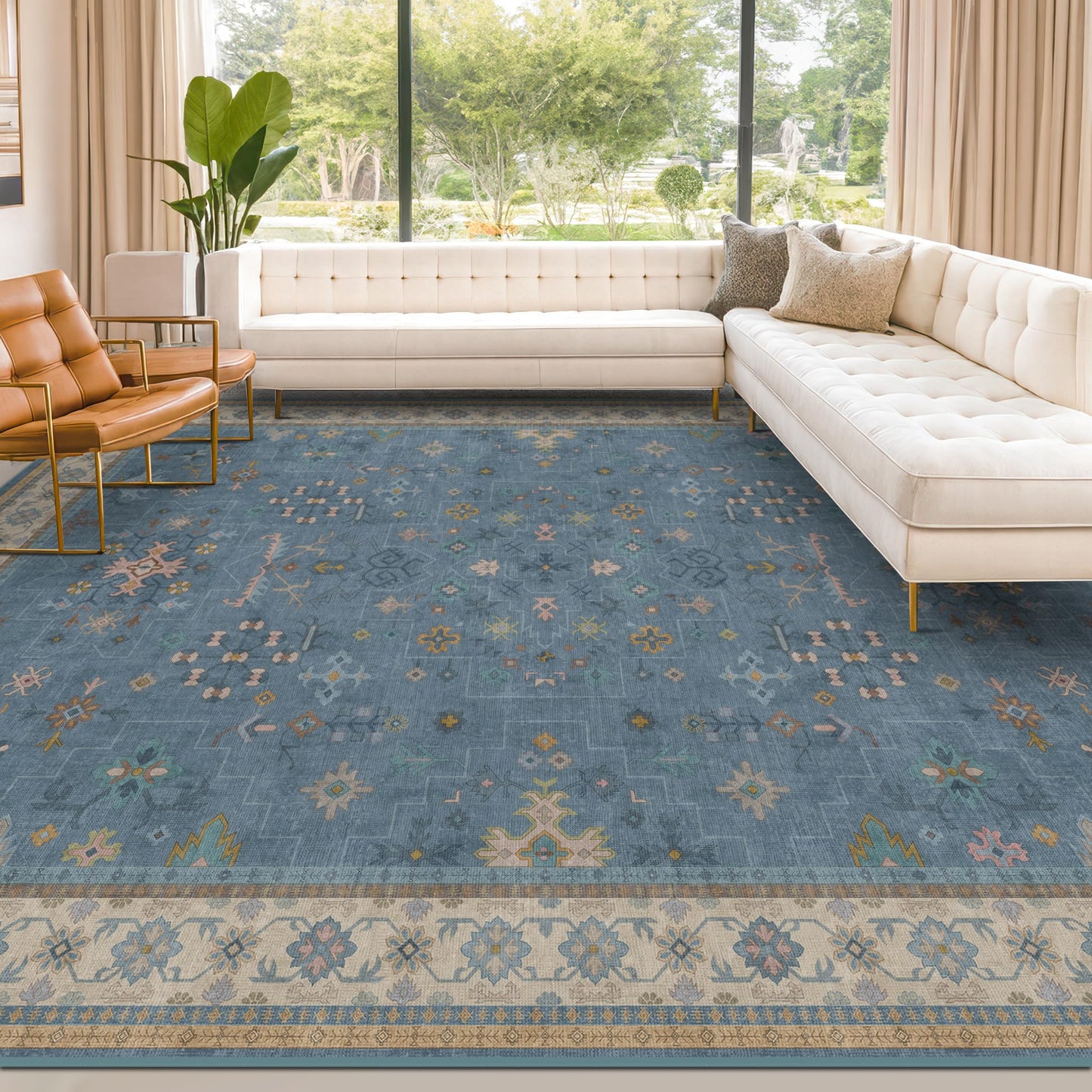 Hazo Haus Blue Big Rugs for Living Room - Dusty Blue 10x14 Area Rug for Large Bedroom, Dining Room, Washable Lightweight Low Pile Foldable Eclectic Modern Floral Home Décor