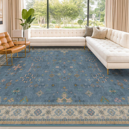Hazo Haus Blue Big Rugs for Living Room - Dusty Blue 10x14 Area Rug for Large Bedroom, Dining Room, Washable Lightweight Low Pile Foldable Eclectic Modern Floral Home Décor