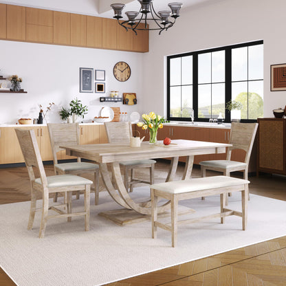 Merax 6-Piece Wood Half Round Dining Table Set Kitchen Table Set with Long Bench and 4 Dining Chairs,Modern Style,Natural