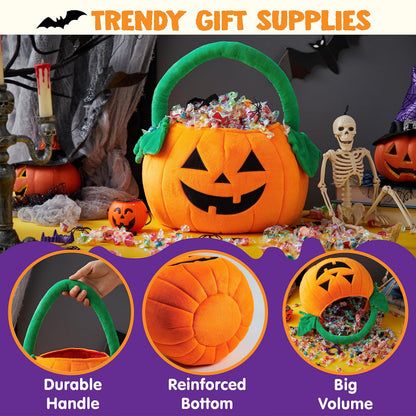 JOYIN Halloween Pumpkin Plush Tote Bucket, 11 X 13.4 inches Candy Trick or Treat Bag, Cute Halloween Basket with Handle for Kids Girl Boy Trick or Treating, Party Favor Supplies , Kids Gifts Goody Bag