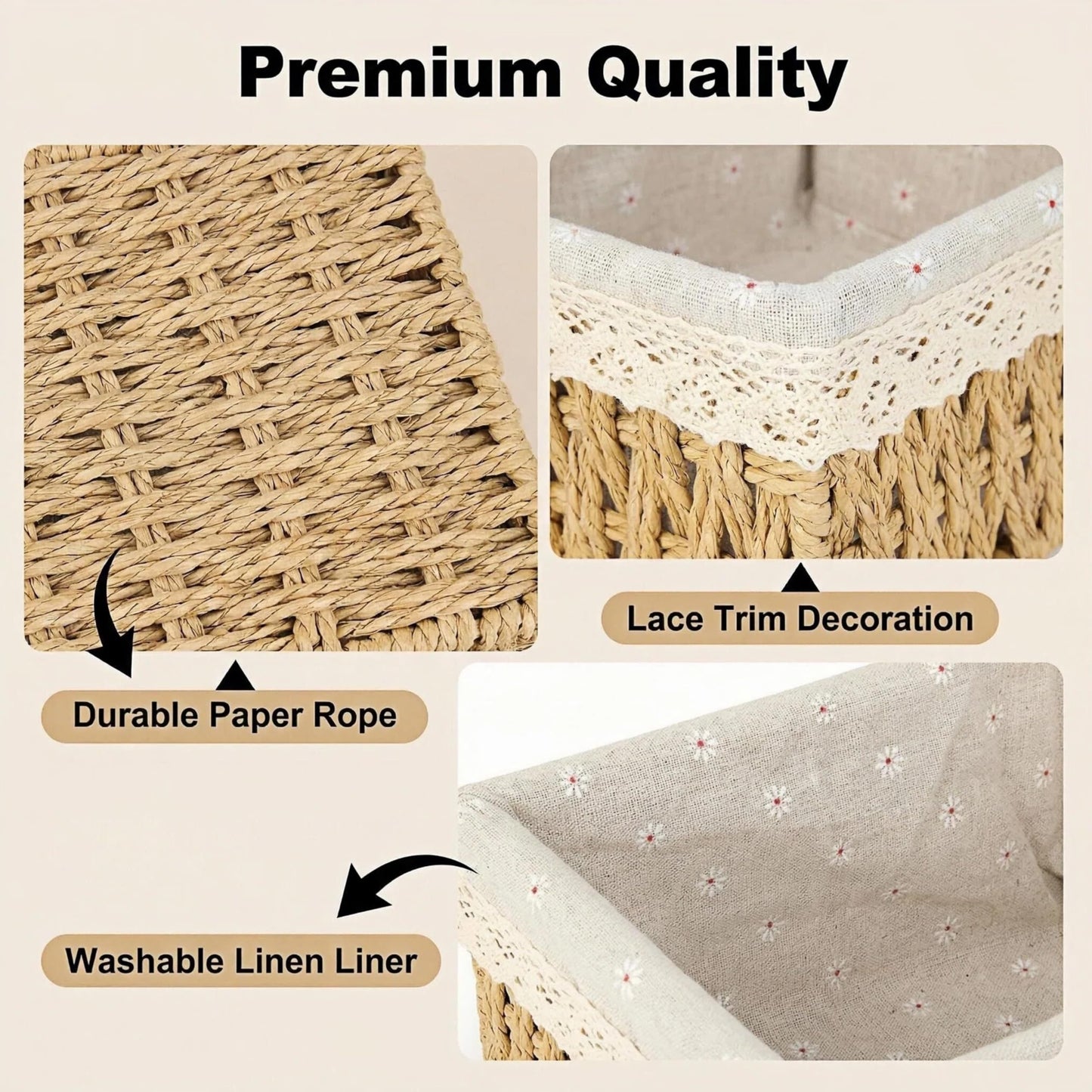 Wicker Baskets with Liner for Counter, Natural Paper Rope Rattan Storage Basket,Hand Woven Pantry Table Organizer Bins for Bedroom Living Room Bathroom School Shelves Office Desk (3 Pack Beige)