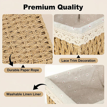 Wicker Baskets with Liner for Counter, Natural Paper Rope Rattan Storage Basket,Hand Woven Pantry Table Organizer Bins for Bedroom Living Room Bathroom School Shelves Office Desk (3 Pack Beige)