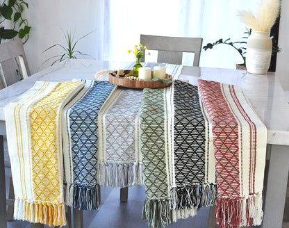 14 90 Inches, Boho Dining Table Runner with Tassels x Olive Green & Cream | Woven Washable Dresser Scarf for Bedroom |