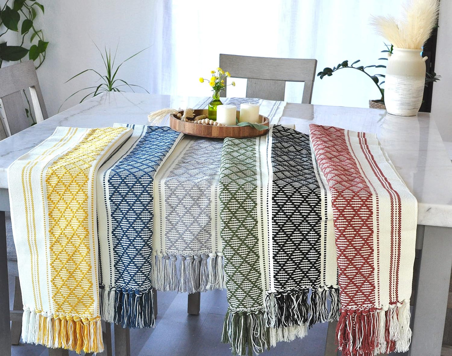 14 72 Inches, Boho Table Runner with Tassel x Blue & Cream, Woven Washable Dresser Scarf and Topper for Bedroom