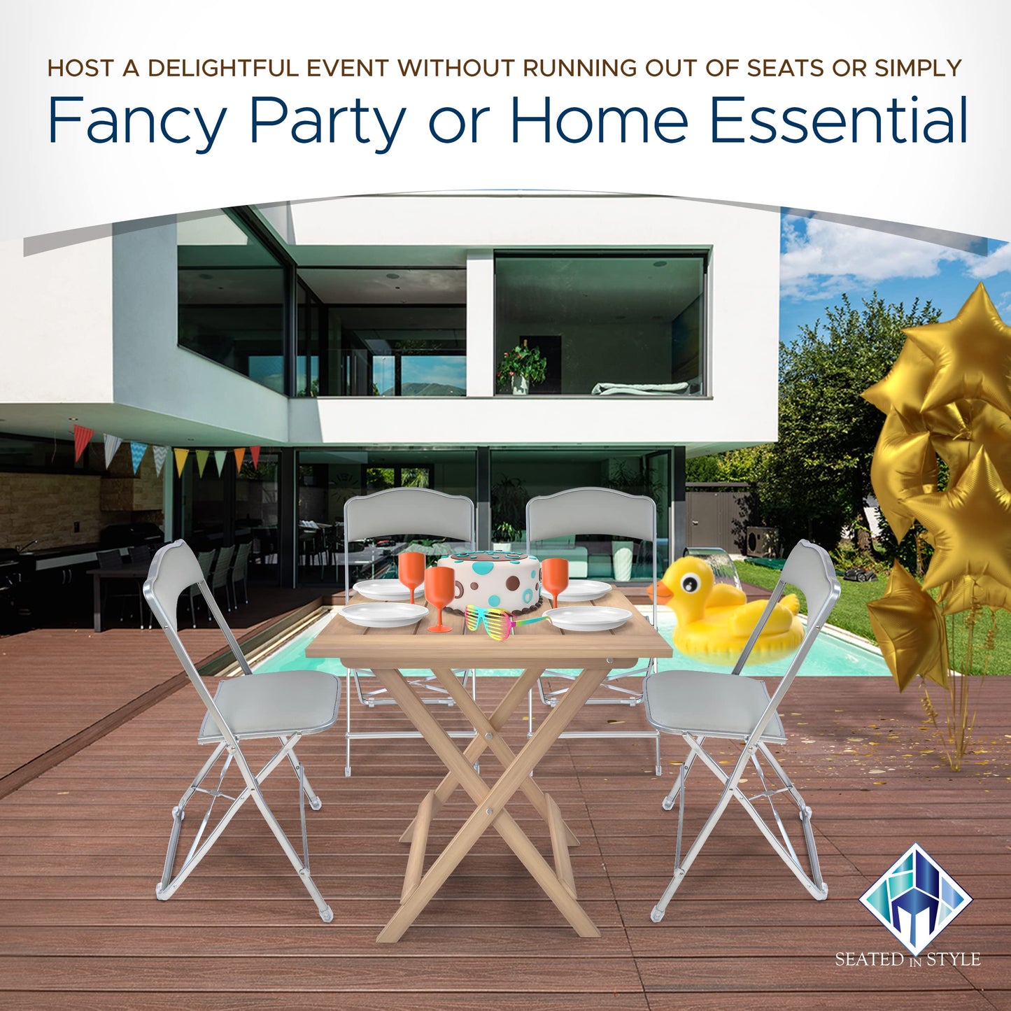 Gold Furnishings Folding Chairs with Padded Seats 4 Pack - Foldable Chair with Heavy-Duty Steel Frame, Elegant Party Bridge Chairs for Outside, Home, Office, Indoor & Outdoor Events - Silver/Grey
