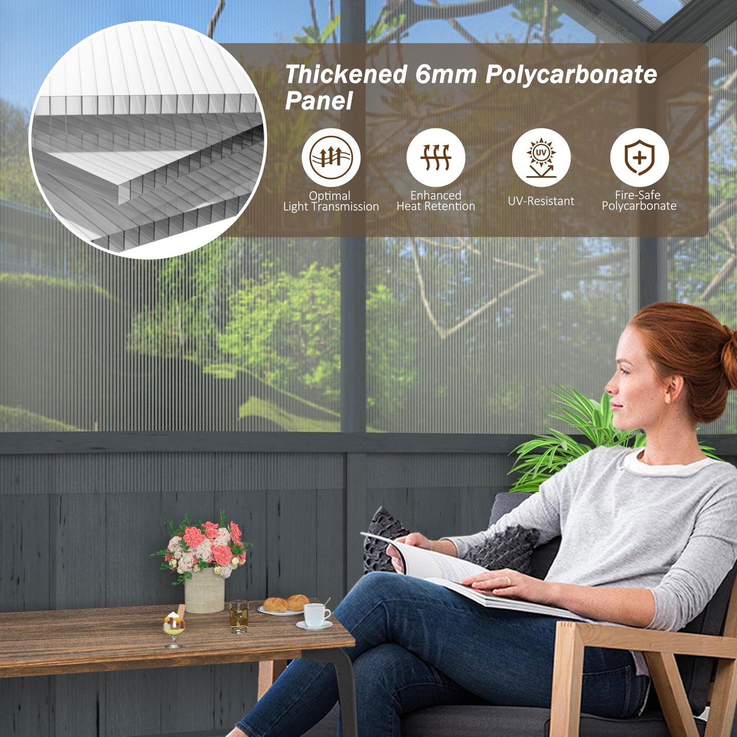 MUPATER 8 x 8FT Wooden Polycarbonate Greenhouse with 6mm Polycarbonate Panels for UV Protection, Ventilated Window & Lockable Door, Walk-in Greenhouse for Outdoors, Patio, Backyard, Black