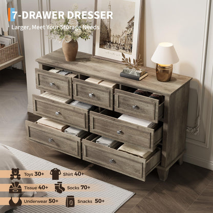 IDEALHOUSE 7 Drawer Dresser, Large Wooden Storage Chest of Drawers with Exquisite Metal Handles, 47" Wide Dresser TV Stand, Drawer Organizer for Bedroom, Living Room, Hallway, Entryway, Grey
