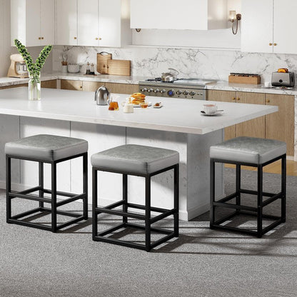 Raynesys Counter Height Bar Stools Set of 2, 24" Barstools for Kitchen Countertop, Faux Leather Counter Stools with Thick Square Seats & Sturdy Metal Base, Simple Assembly, Brown