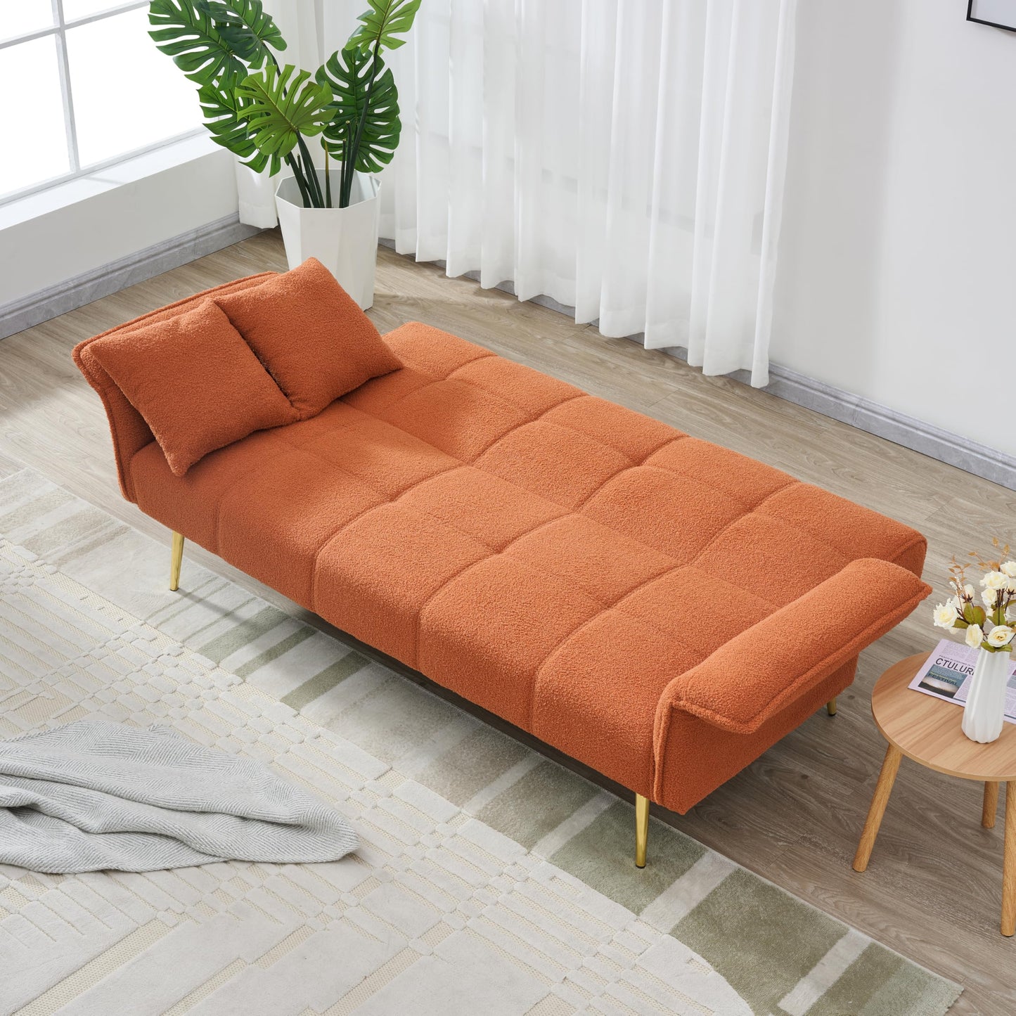 KEIKI 70" Teddy Fleece Convertible Futon Couch, Modern Loveseat Sofa with Adjustable Arms and Backrest, 2 Seater Small Sofa Couch with Metal Legs and Comfy Cushions for Living Room, Orange