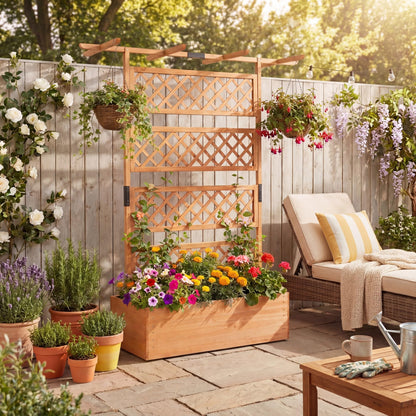 COSTWAY Wooden Raised Garden Planter with Trellis and Roof, 72" Freestanding Privacy Screen & Climbing Plant Support for Outdoor Patio, Balcony, Vegetable, Herb, and Flower Gardening (Brown,2)