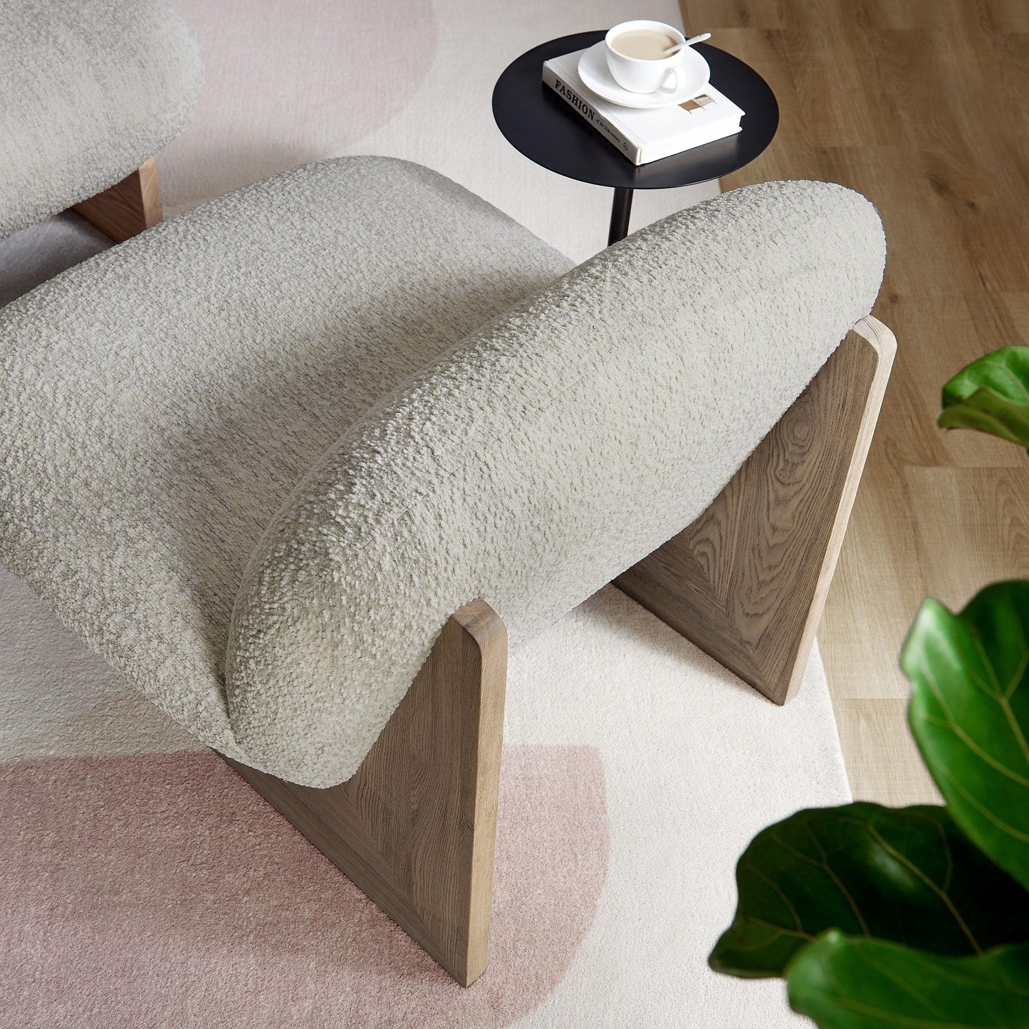 Modway Loyal Boucle Fabric Accent Chair with Ottoman in Pearl Oak - Comfy Modern Armless Lounge Chair with Footrest - Upholstered Round Sofa Chair and Footstool Set for Living Room or Bedroom