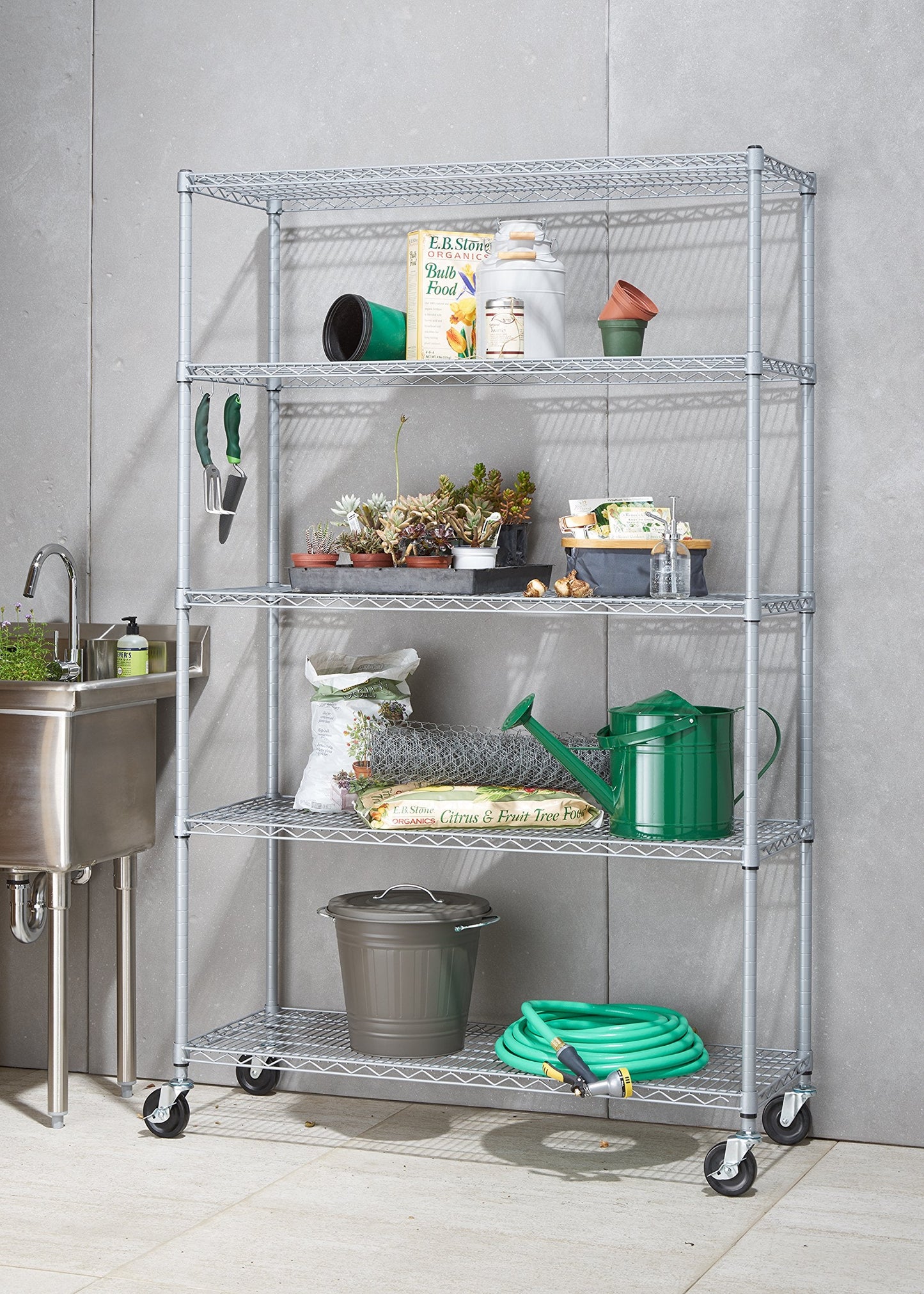 TRINITY EcoStorage Heavy Duty 5-Tier Adjustable Wire Shelving with Wheels for Outdoor Use, Garage Storage and More, NSF Certified, 800-4000 Lb Capacity, Gray, 48" W X 18" D X 72-77" H