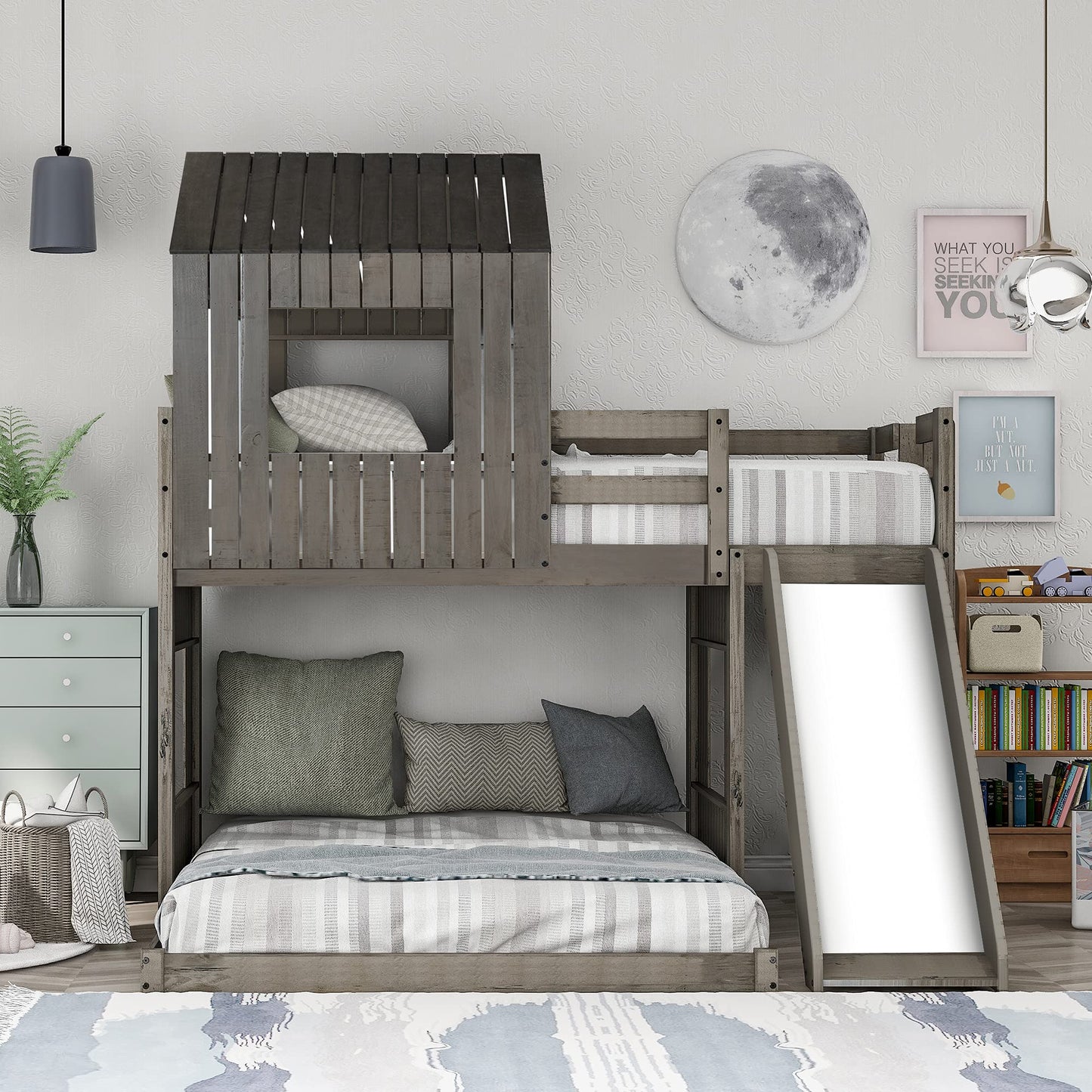 Twin Over Full Bunk Bed Frames Loft Bed with Slide, House Roof, Window and Safety Guardrails for Teens, Boys or Girls