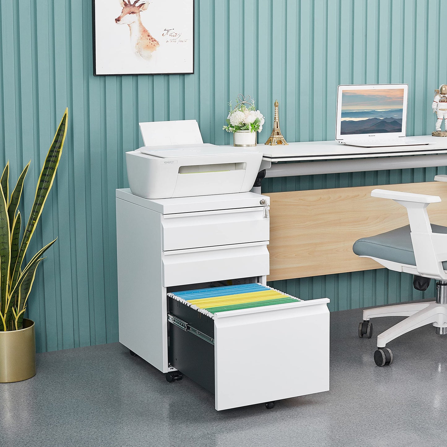 Oasecrilio Filing Cabinet 3 Drawer, Locking File Cabinets for Home Office, Mobile Filing Cabinet for A4/Letter/Legal Size File Folders, Fully Assembled, Matte White