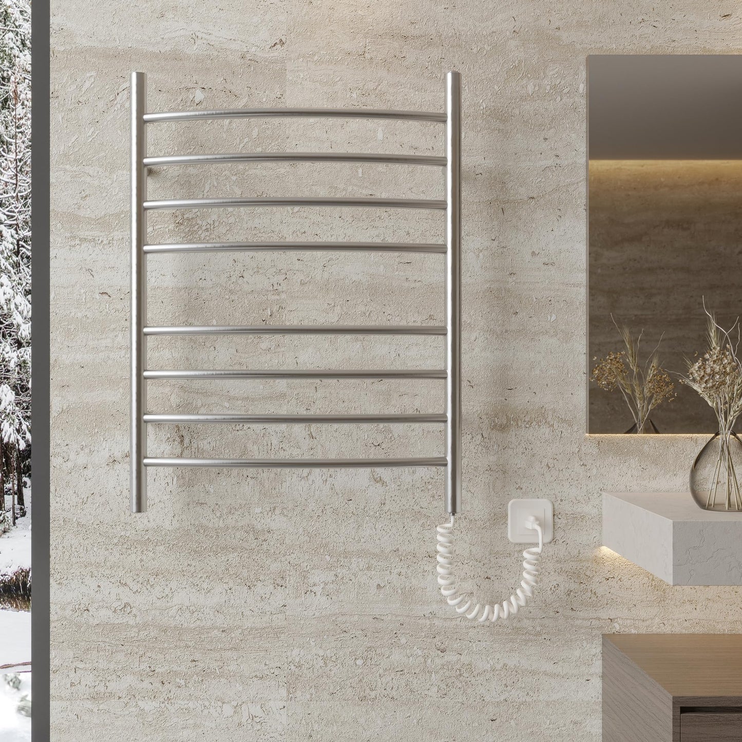 HEATGENE Towel Warmer 8 Bar Plug-in Curved Bath Towel Heater Towel Warmer for Bathroom Plug-in Drying Rack Brushed