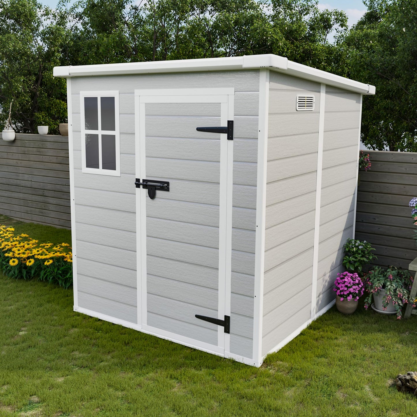 YOPTO 6x6 FT Storage Shed Garden House with Lockable Doors and Vents Waterproof Resin Outdoor Tool Cabinet W/Floor & Window,for Bicycles,Lawnmowers,Lawn,All Weather Use,Gray