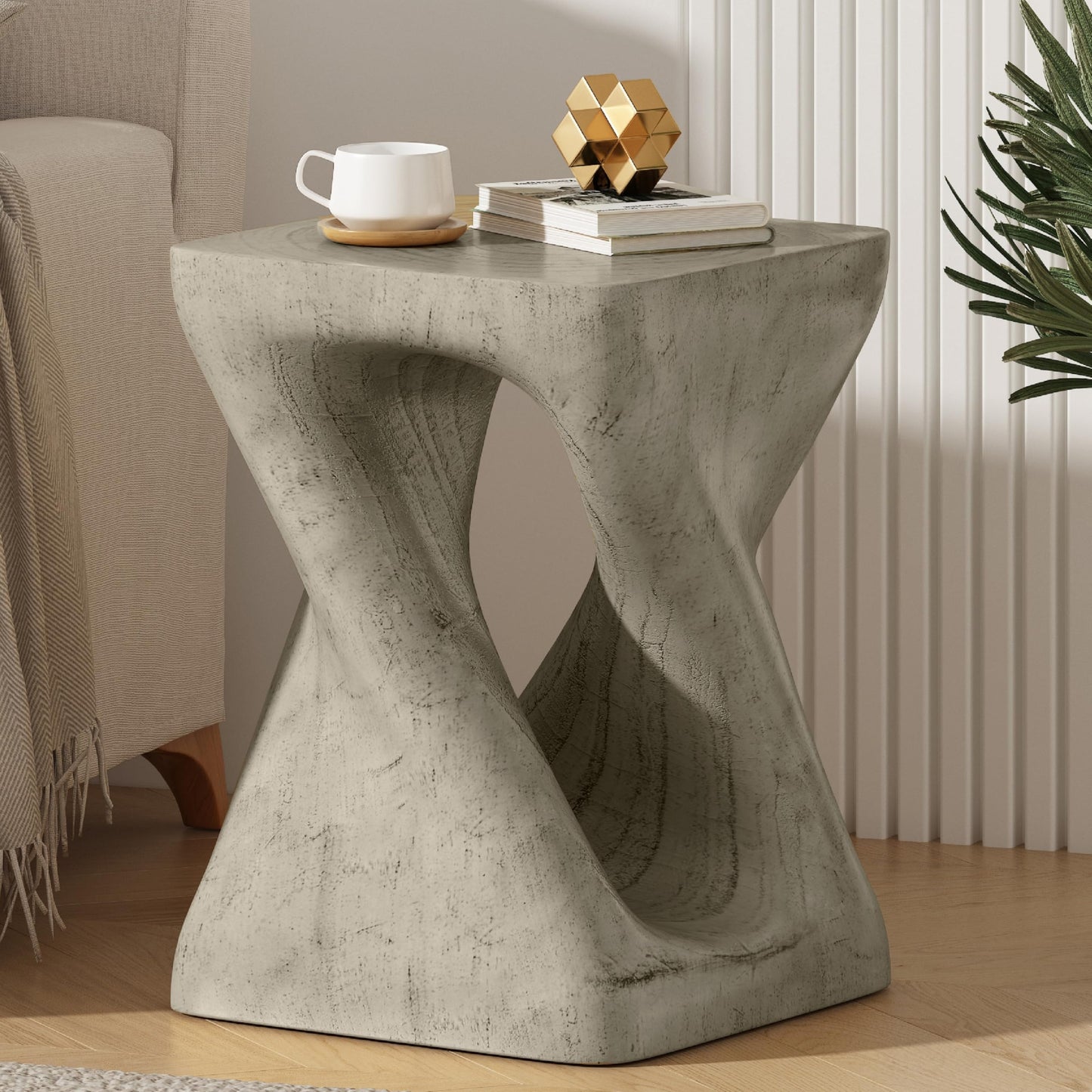 Merax Twist Shape MGO Accent Side Table Set, Unique Modern End Table with Wide Pedestal & Tabletop, Small Drink Tables for Living Room, Bedroom Night Stand Bedside Table, No Assembly Required, Grey