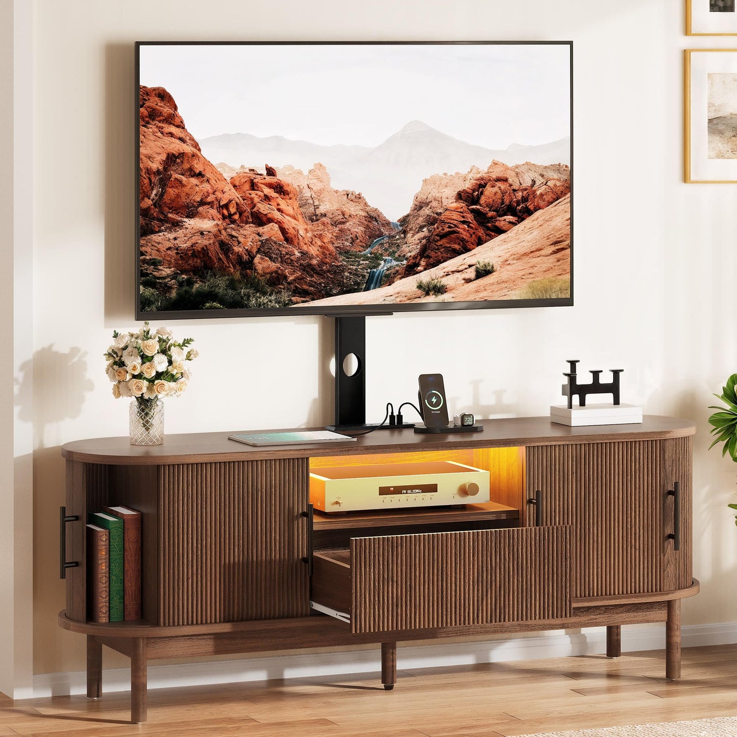 YITAHOME TV Stand with Mount and Power Outlet, Modern Entertainment Center with 3 Height Adjustment TV Mount for 32-70 inch TVs, LED Fluted TV Media Console with Sliding Doors, Curved Profile Design