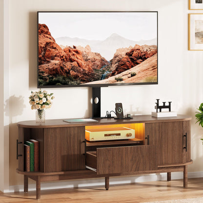 YITAHOME TV Stand with Mount and Power Outlet, Modern Entertainment Center with 3 Height Adjustment TV Mount for 32-70 inch TVs, LED Fluted TV Media Console with Sliding Doors, Curved Profile Design