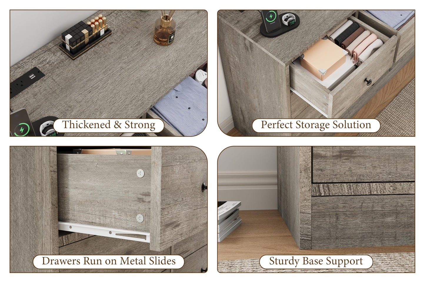 Hetoy 12 Drawer Wooden Dressers with Charging Station – Gray Wood Chest of Drawers for Bedroom, Closet, Living Room, 61" Wide TV Stand Dresser, Modern Storage Organizer for Nursery, Hallway