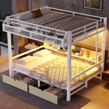Bellemave Queen Over Queen Metal Bunk Bed with Storage Drawers and Shelves, Heavy Duty Bunk Beds with LED Lights and Charging Station for Kids,Adults,Convertible into a Sofa Bed,White