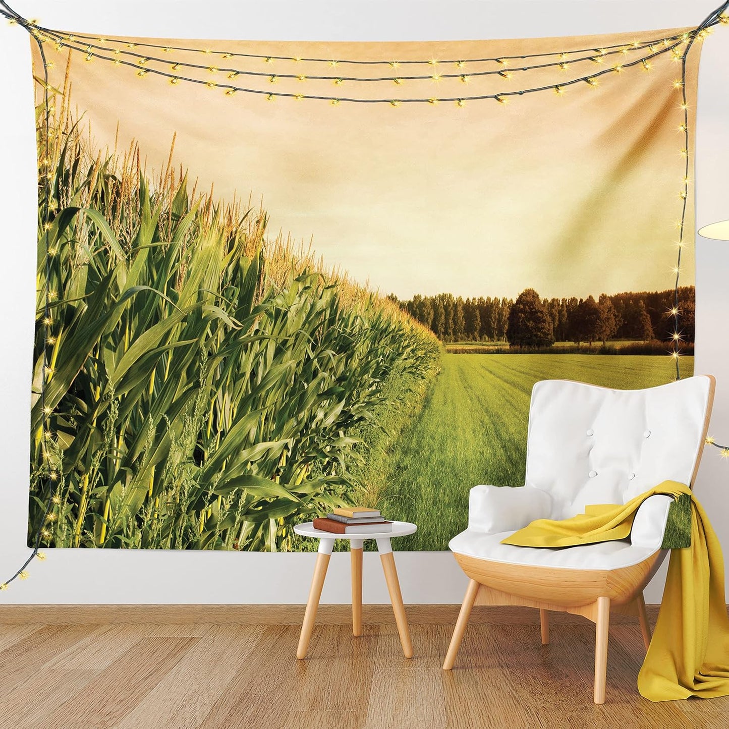 Lunarable Country Tapestry, Cornfield Farmland Landscape Scenics, Fabric Wall Hanging Decor, 45" X 30", Peach Lime Green