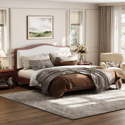 Merax King Size Upholstered Platform Bed Frame with Curved Headboard, Espresso Wood Frame & White Fabric, Noise-Free, Strong Slat Support, No Box Spring Needed, Easy Assembly