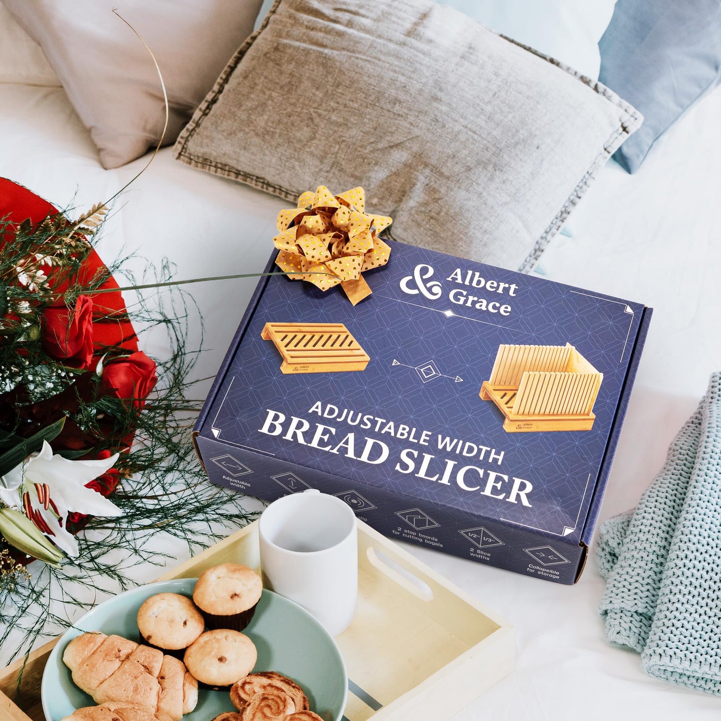 Albert & Grace Adjustable Bread Slicer – Premium Cross-Laminated Bamboo, High 6.1” Guides, 3 Width Settings, 2 Slice Thicknesses – Folds Flat – Perfect for Sourdough, Homemade Loaves & Bagels