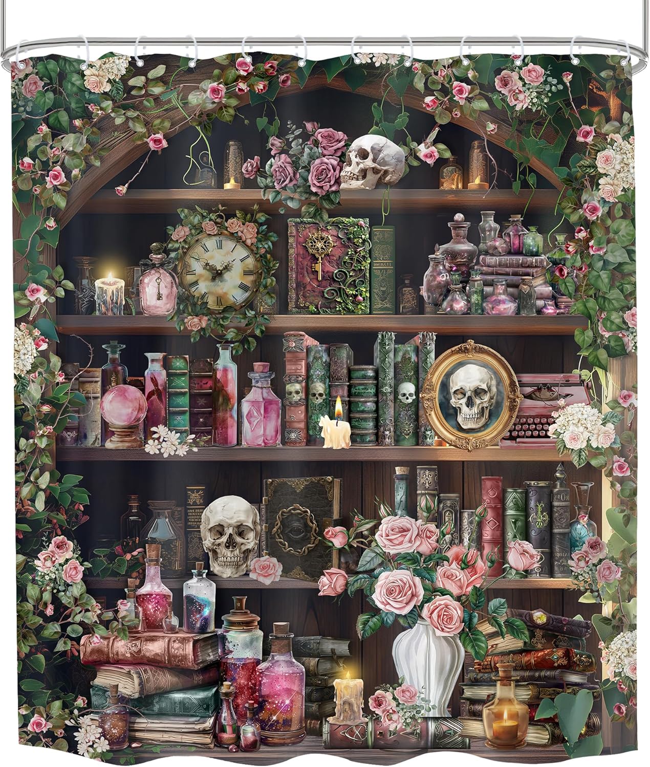 60Wx72H 12 Pack Gothic Skull Shower Curtain Witchy Spooky Pink Rose Vintage Retro Wizard Magic Bookshelf Succulent
