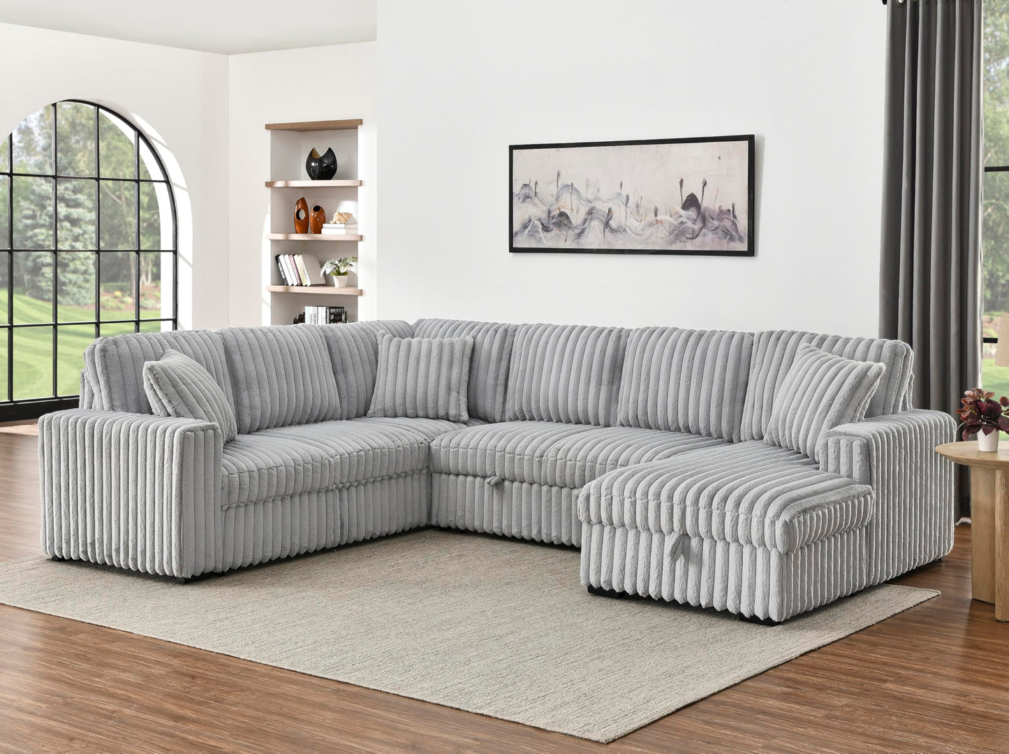 KEIKI 122" Pull-Out Sofa Bed, Sleeper Pull Out Sectional Couch, Oversized U Shape Sleeper Sofa Bed with Storage Chaise, USB Ports for Apartment Living Room, Gray